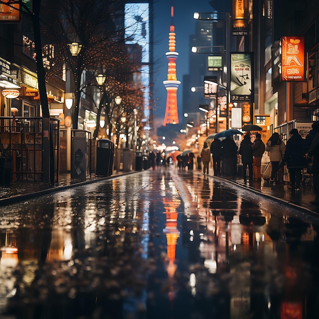 Een foto van een drukke stadsstraat in Tokio, genomen met een lange belichtingstijd om de beweging vast te leggen