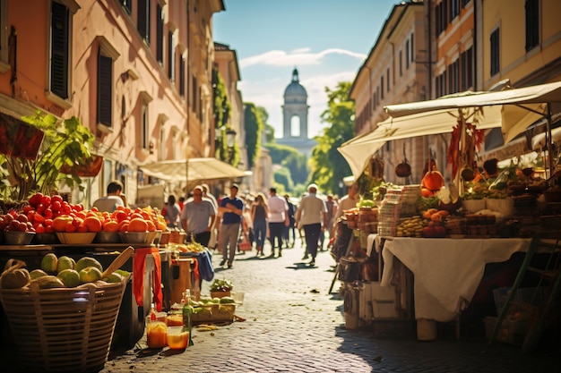 Een foto van een drukke straatmarkt in Rome