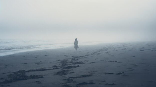 Een foto van een eenzame figuur op een mistig strand met gedempte kleuren