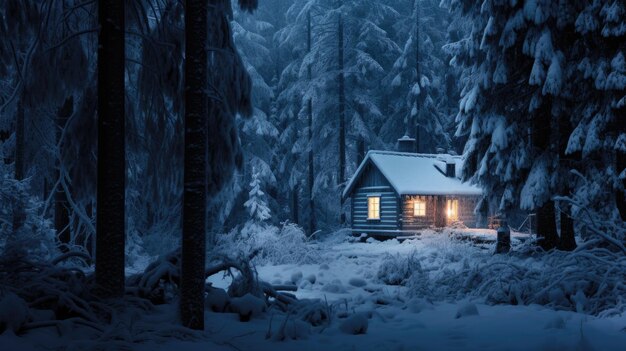 Een foto van een eenzame hut in een besneeuwd bos zachte sneeuwval