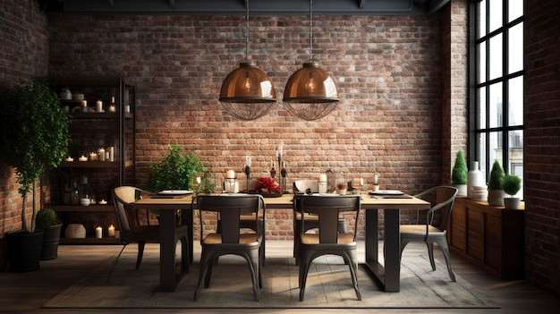 Een foto van een eetkamer in industriële stijl met blootgestelde bakstenen muren en metalen accenten