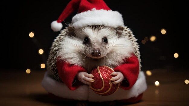 een foto van een egel die een kerstmankostuum en -hoed draagt voor de kerstviering