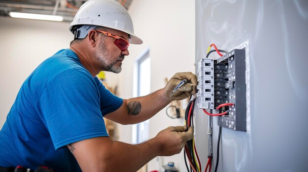 Een foto van een elektricien die een beveiligingssysteem installeert