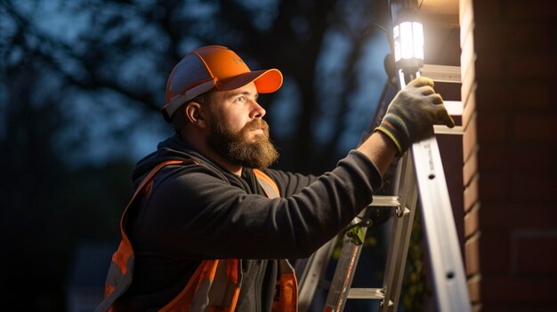 Een foto van een elektricien die noodverlichting installeert