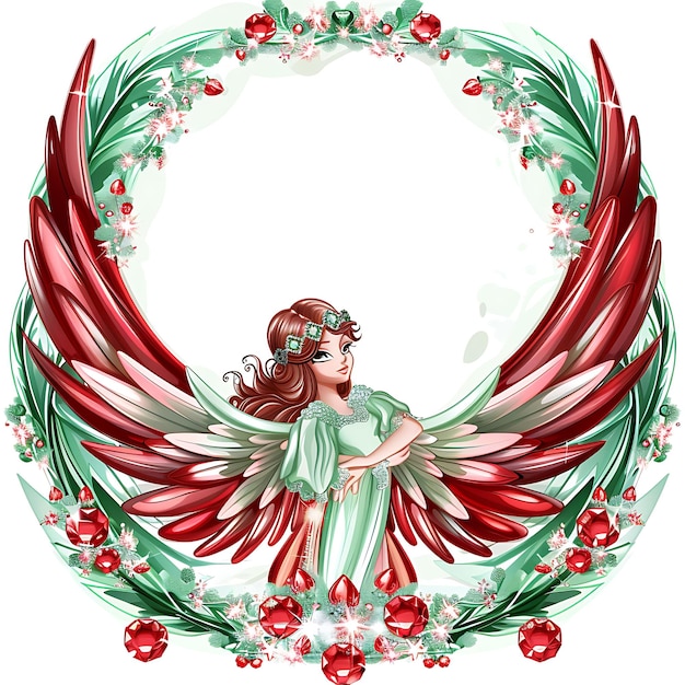 een foto van een engel met een groene en rode bloemkrans