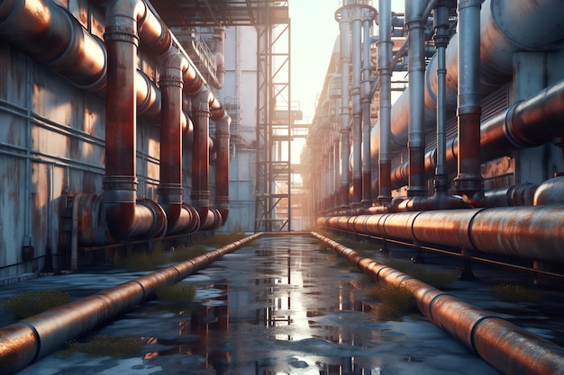 Een foto van een fabriek met leidingen en de zon erop