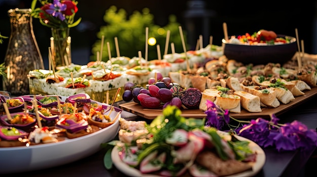 Een foto van een feestelijke reeks hapjes op de achtergrond van een elegant feestevenement