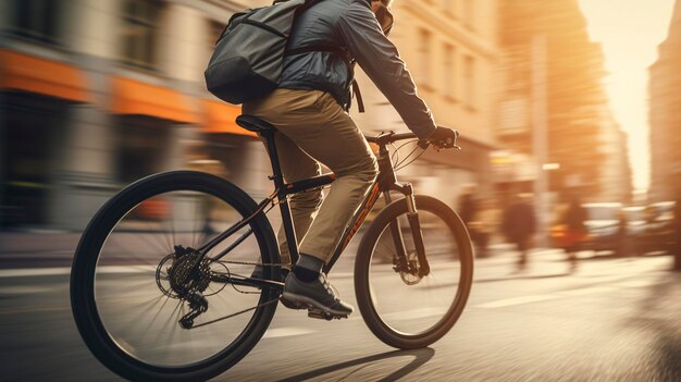 Een foto van een fietser die in een fietsvriendelijke stad pendelt