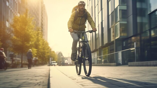 Een foto van een fietser die pendelt op een stedelijk fietspad