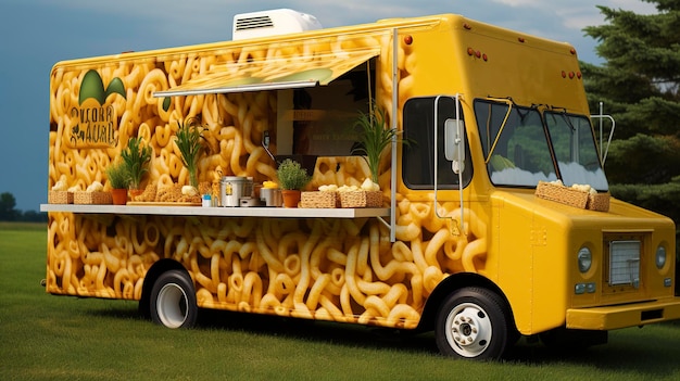 Een foto van een foodtruck met Gourmet Mac en Cheese Varieties