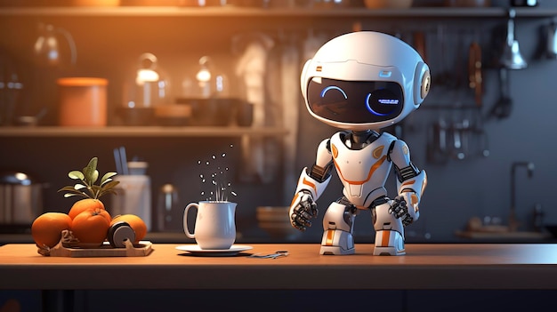 Een foto van een futuristisch 3D-personage dat met een koffiemachine interageert
