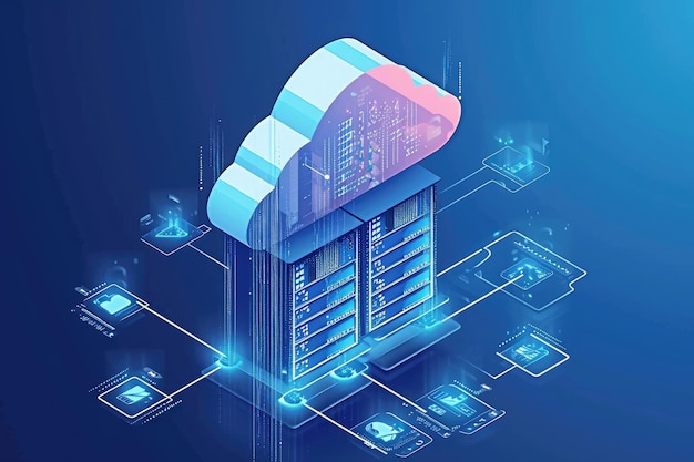 Een foto van een gebouw met blauwe en roze buitenkant versierd met omringende iconen Illustratie van gegevensmigratie van NAS-opslag naar cloudopslag AI gegenereerd