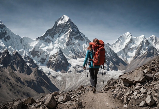 Een foto van een gelukkige wandelaar die met een rugzak door de Everest loopt