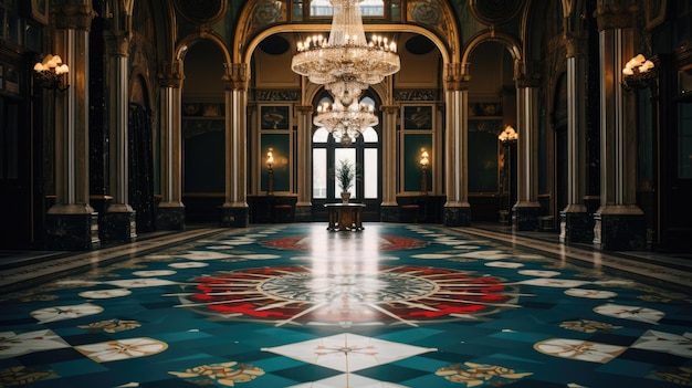 Een foto van een geometrisch patroon vloer in een historische herenhuis weelderige omgeving