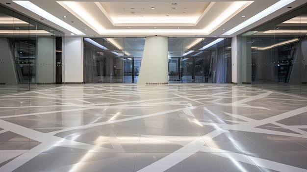 Foto een foto van een geometrisch patroon vloer in een moderne kantoor lobby glazen muren