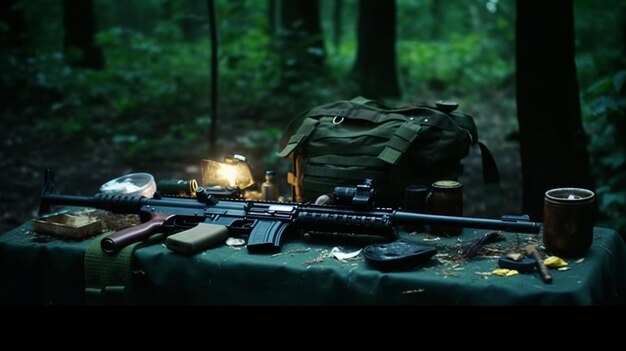 Een foto van een geweer op een tafel in het bos met een zak spullen erop.