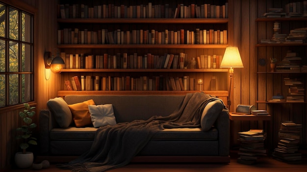 Een foto van een gezellige leeshoek met een boekenplank