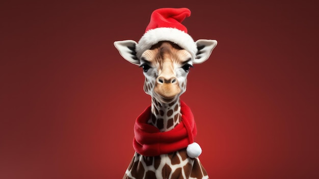 een foto van een giraffe die een kerstmankostuum en -hoed draagt voor de kerstviering