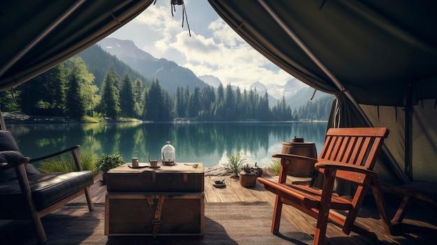 Foto een foto van een glamping tent met uitzicht op een serene meer