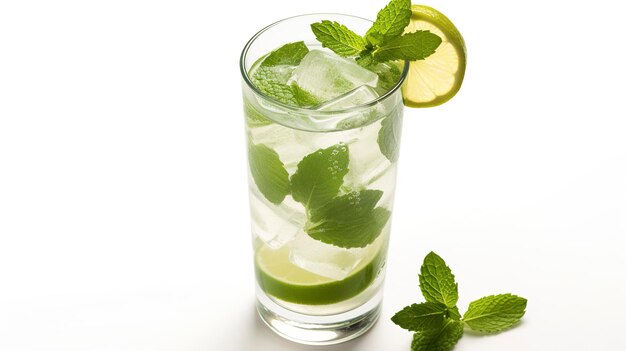 Een foto van een glas muntmojito in volle lengte