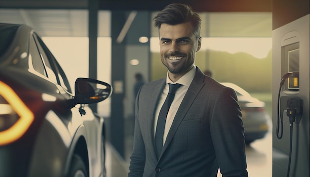 Een foto van een glimlachende zakenman Wanneer een auto of een elektrisch voertuig wordt opgeladen bij een laadstation Generatieve AI