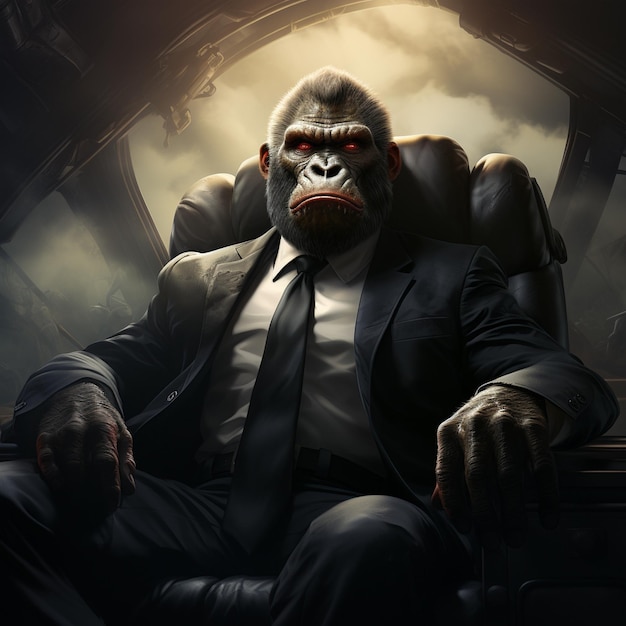 een foto van een gorilla in pak op een stoel.