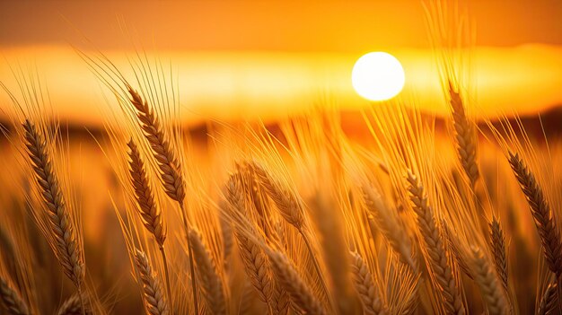 Een foto van een gouden zonsondergang over een tarweveld warme gloed