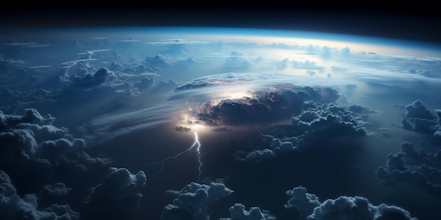 Een foto van een grimmige planeet van boven de wolken tijdens een onweer met een kleine maan aan de hemel