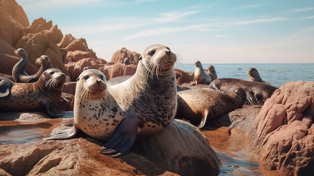 Foto een foto van een groep nieuwsgierige zeehonden die zich op een rots koesteren