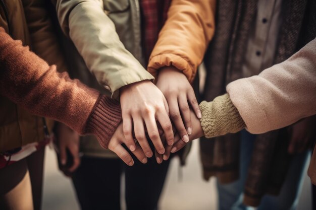 Foto een foto van een groep onherkenbare mensen die elkaar de hand geven.