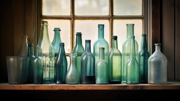 Een foto van een groep vintage glazen flessen op een verweerde houten kist met zacht vensterlicht