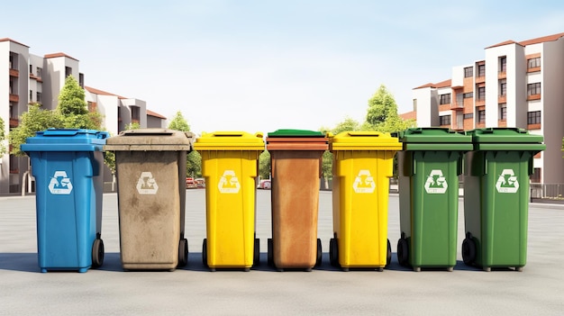 een foto van een groep vuilnisbakken met het woord recycling erop