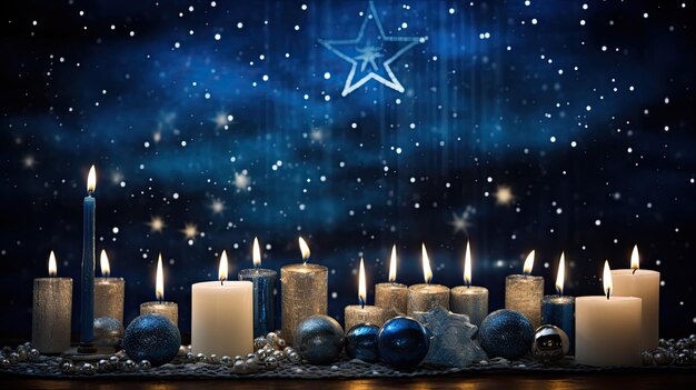 Foto een foto van een hanukkah viering met menorah kaarsen sterrenhemel