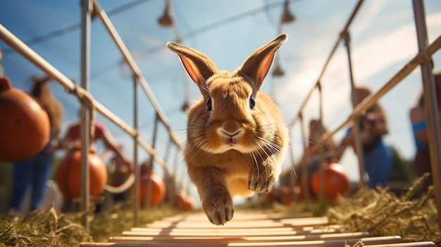 Een foto van een hardnekkig konijn dat een uitdagende behendigheidsbaan overwint