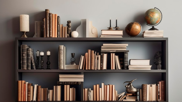 Een foto van een hedendaagse boekenplank met tentoongestelde boeken en decoratieve voorwerpen