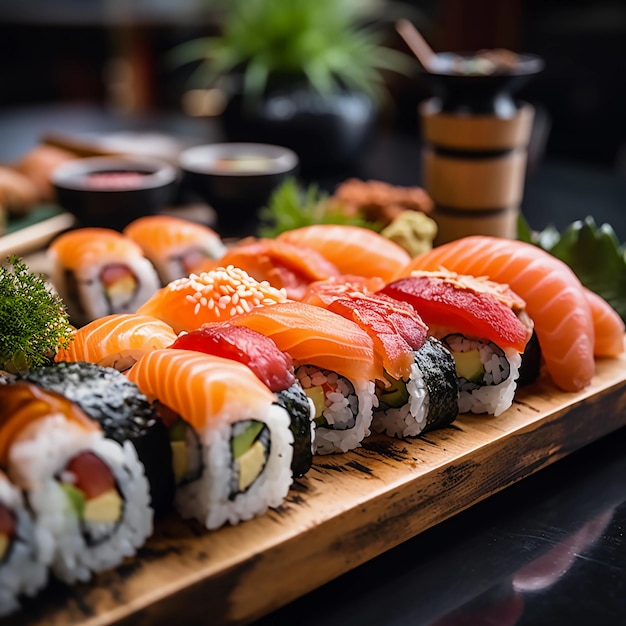 een foto van een heerlijk sushi bord in een Sushi restaurant verschillende soorten sushi