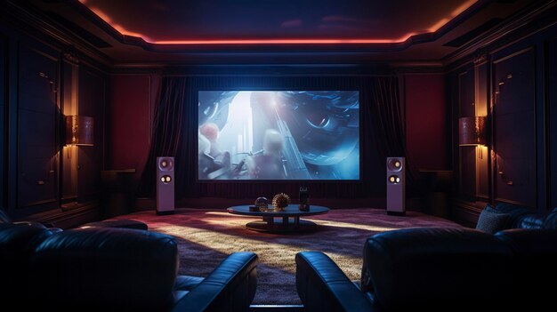 Een foto van een home theater scherm met omgevingslicht