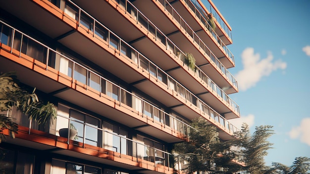 Een foto van een hoogbouw met balkon