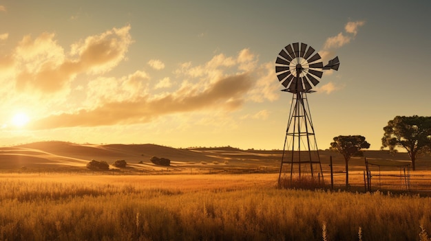 Een foto van een houten windmolen in een veld gouden uur zonlicht