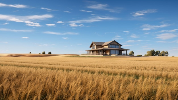 Een foto van een huis in Prairie-stijl met horizontale lijnen en open velden op de achtergrond