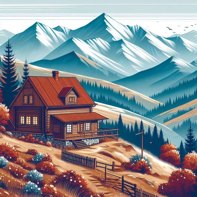 een foto van een huis op een berg met een berg op de achtergrond