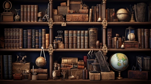Een foto van een hyper gedetailleerde opname van een boekenplank met een mix van boeken decoratieve items en opslag