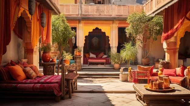 Foto een foto van een indiase haveli met een binnenplaats met kleurrijke textiel