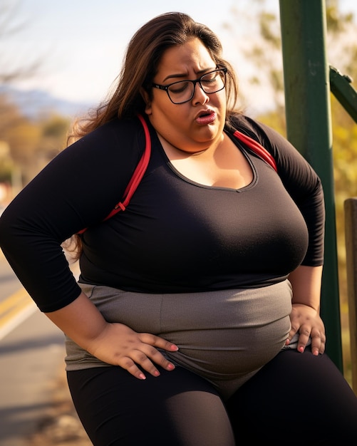 Een foto van een Indiase vrouw met overgewicht die een bril draagt en buiten bukt om uit te rusten na het hardlopen. Ze is moe en heeft knie- en gewrichtsblessures