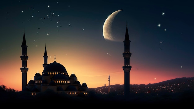 Een foto van een islamitische halve maan en een moskee