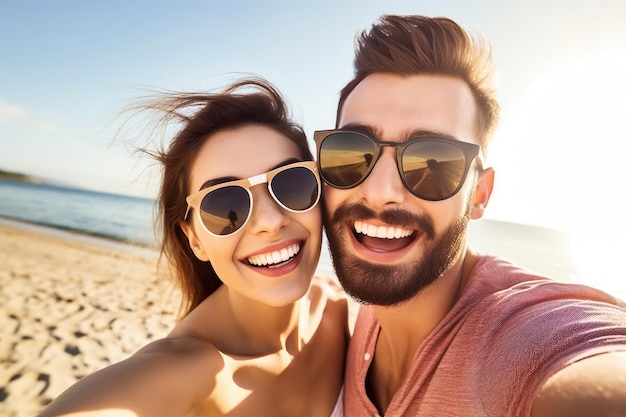 Een foto van een jong echtpaar dat selfies maakt op het strand.