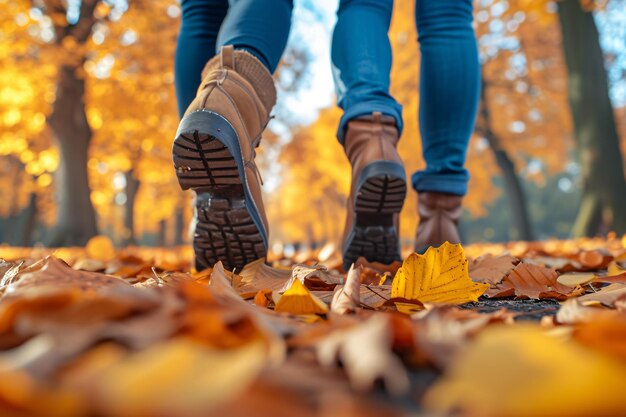 Een foto van een jong paar dat in het herfstblad wandelt