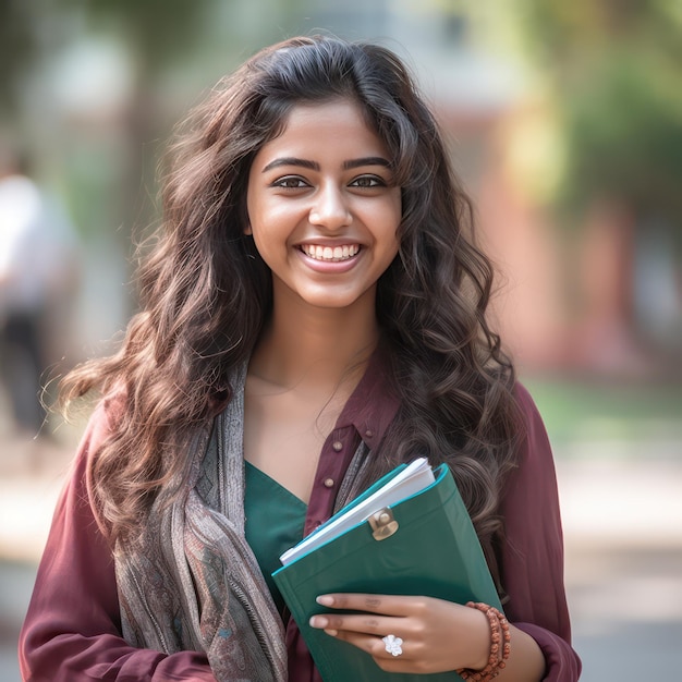 een foto van een jonge Indiase vrouw van midden twintig, studente die een boek tegen haar borst houdt