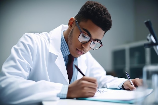 Een foto van een jonge wetenschapper die aantekeningen schrijft terwijl hij in een lab werkt dat is gemaakt met generatieve AI.