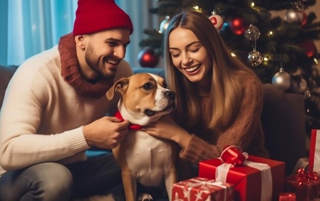 Foto een foto van een jongen en een meisje die vrolijk kerstfeest vieren met een schattige hond